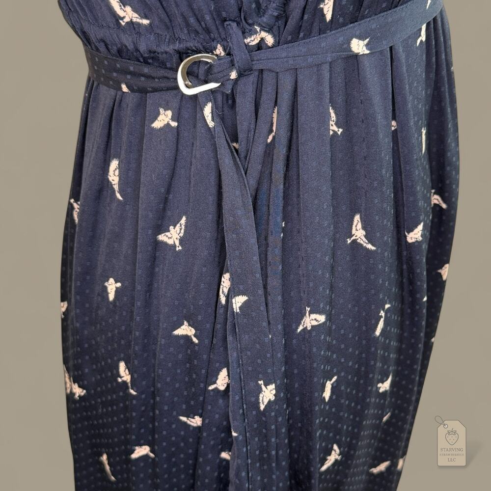 H&M Mama Navy Bird Print Dress | Flutter Sleeve Belted V-Neck | Maternity Small - Picture 4 of 9